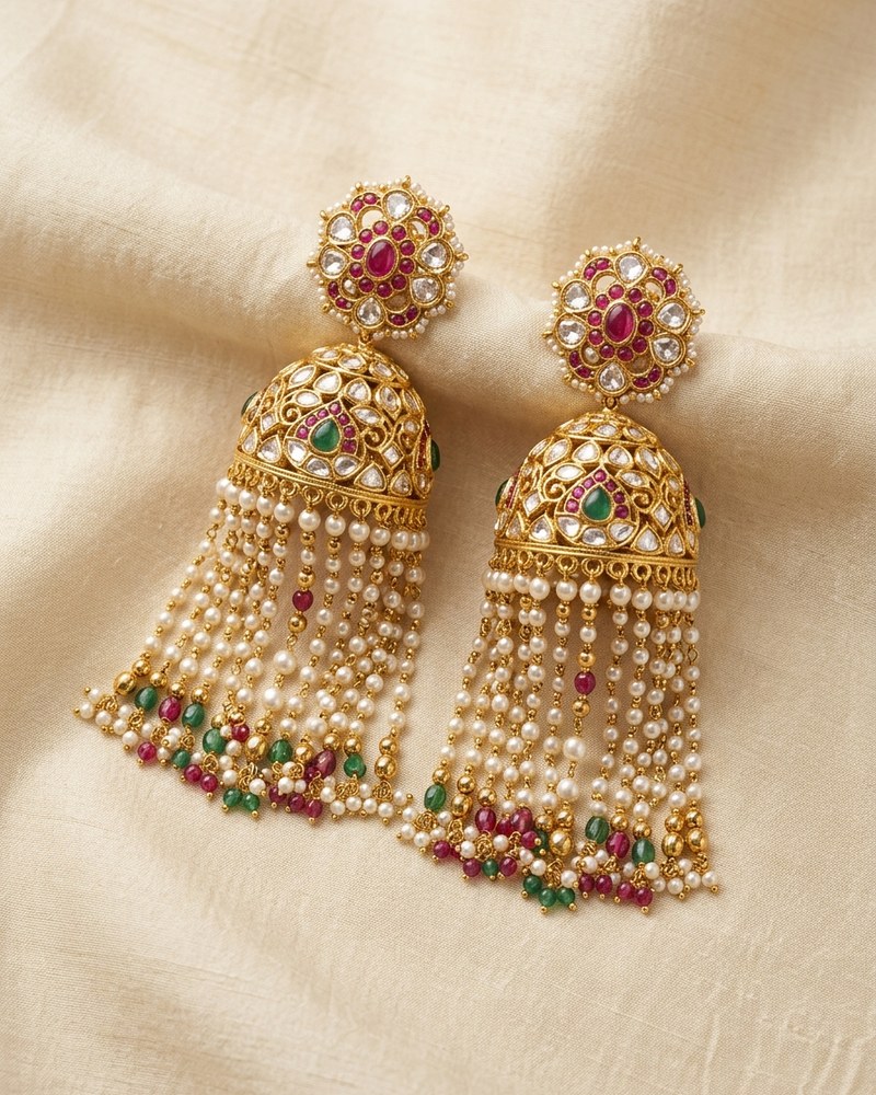 Royal Kundan & Pearl Drop Jhumkas