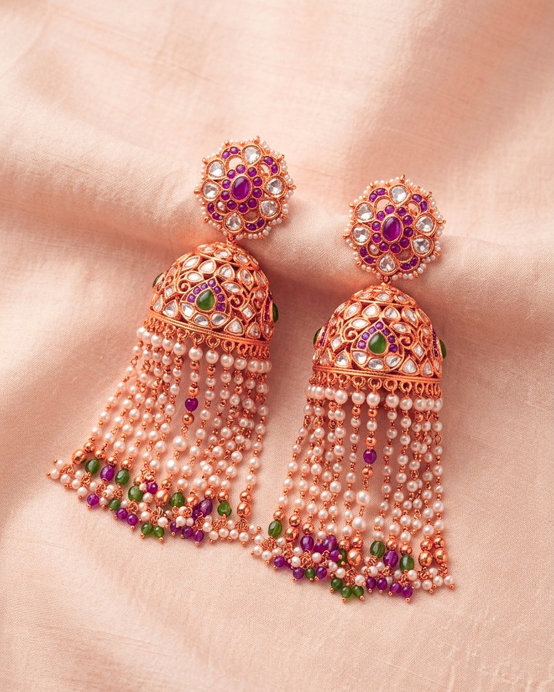 Gulabi Meenakari Floral Jhumka